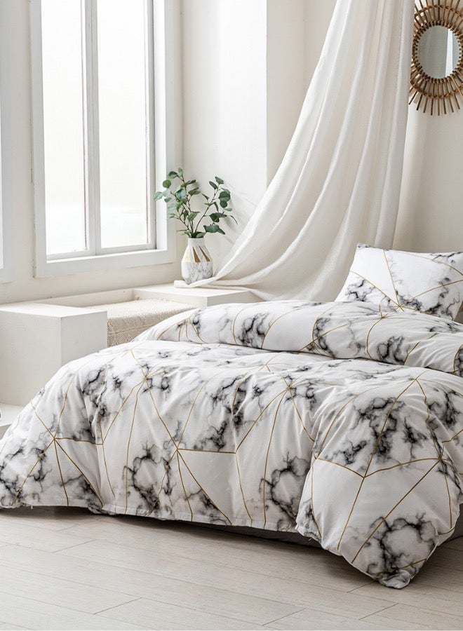 LUNA Home حجم مفرد 4 قطع: 1 غطاء لحاف 160x210 سم 1 ملاءة مشدودة - 100*200+30 سم، 2 أغطية وسائد - 50*75 سم. (مجموعة غطاء لحاف) تصميم رخام أبيض وأسود - Image 3